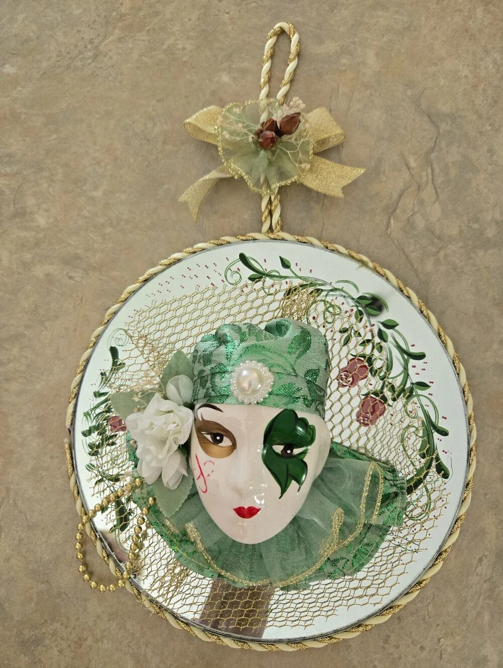 🎭 Mardi Gras Vintage Painted Mirror with Ceramic Painted Gypsy Face 🎭